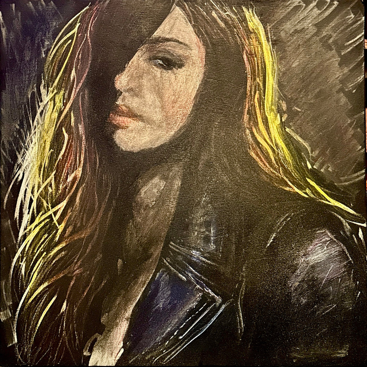 Portrait painting with long highlighted hair and a dark jacket.