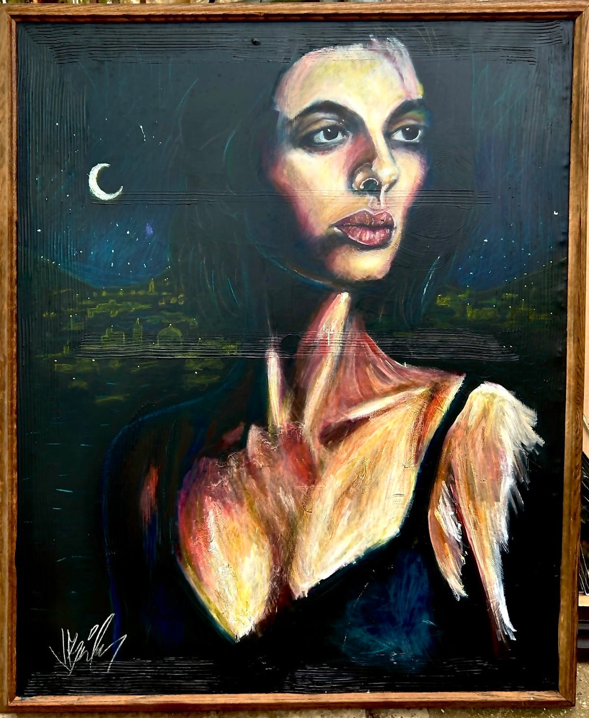 Painted portrait with a hand near the neck, a crescent moon, and distant lights.