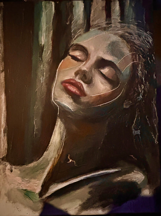 Portrait painting of an upturned face with closed eyes and dark vertical background forms.