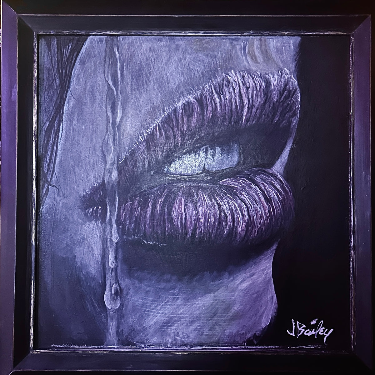 Close-up painting of parted lips beside a falling drop, photographed in a dark frame.