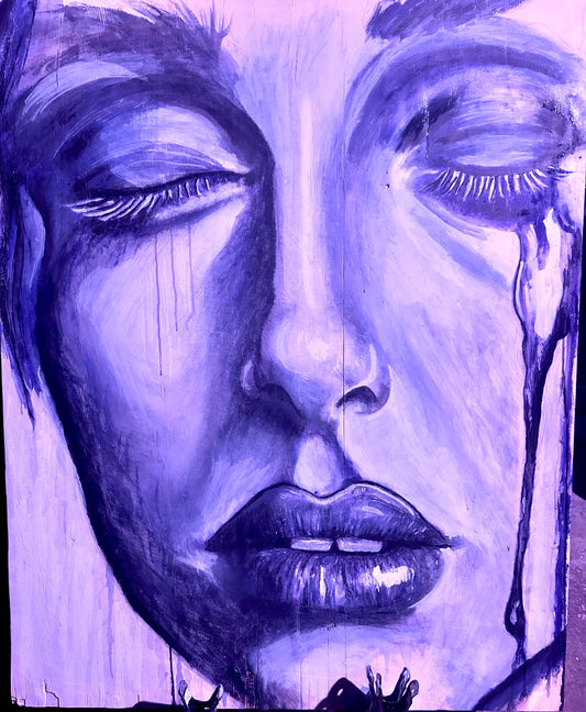 Close-up painted portrait with closed eyes and visible vertical drips.