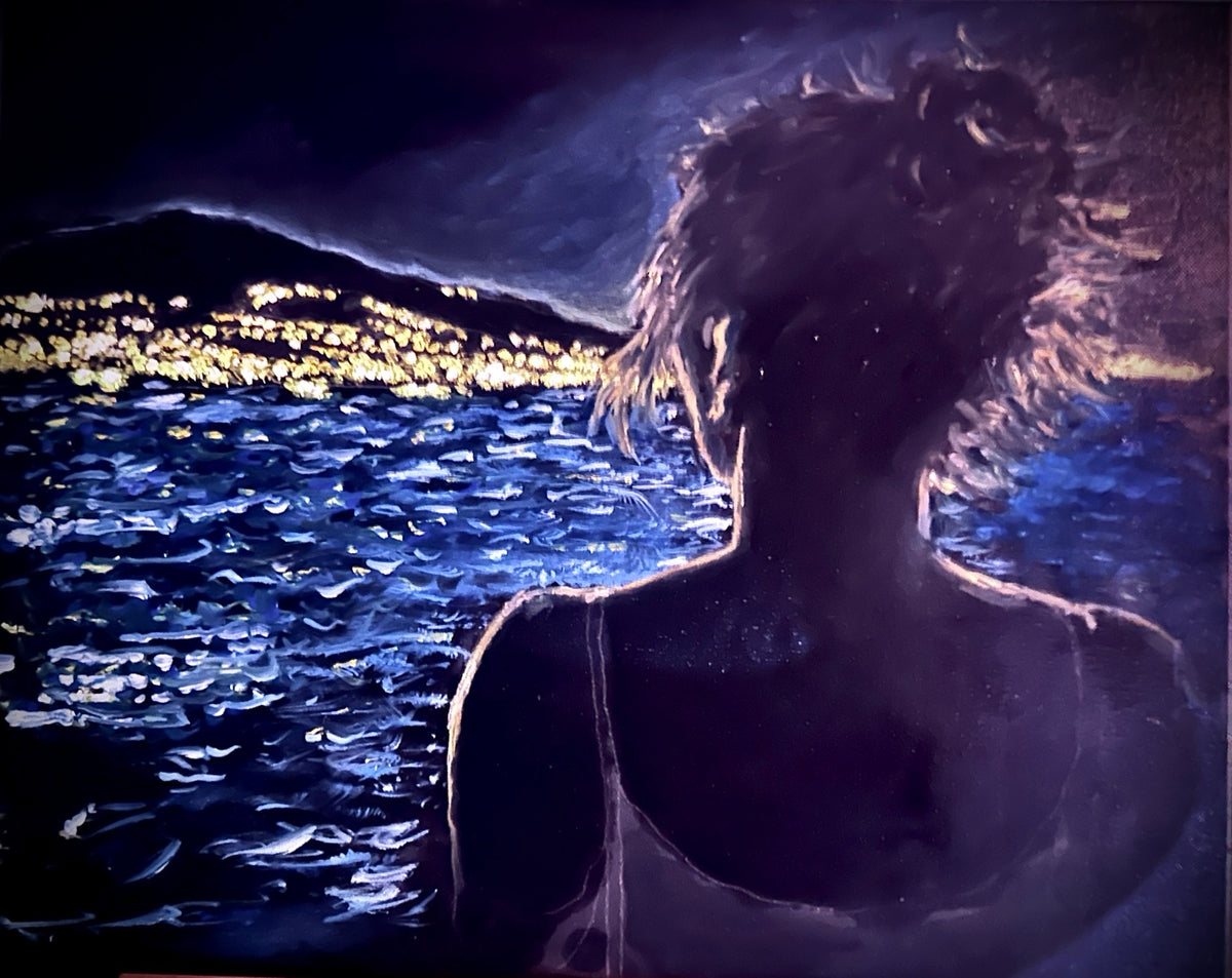 Painting of a figure seen from behind beside blue night water and distant shoreline lights.