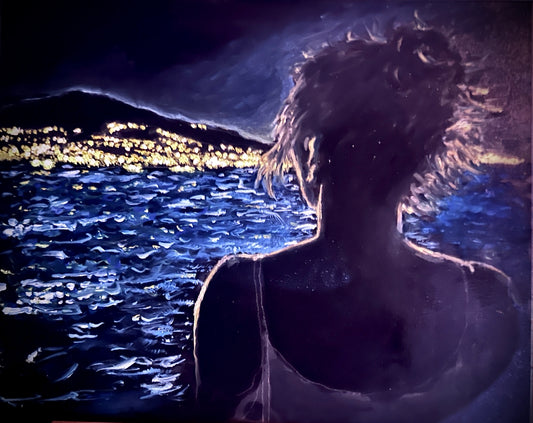 Painting of a figure seen from behind beside blue night water and distant shoreline lights.