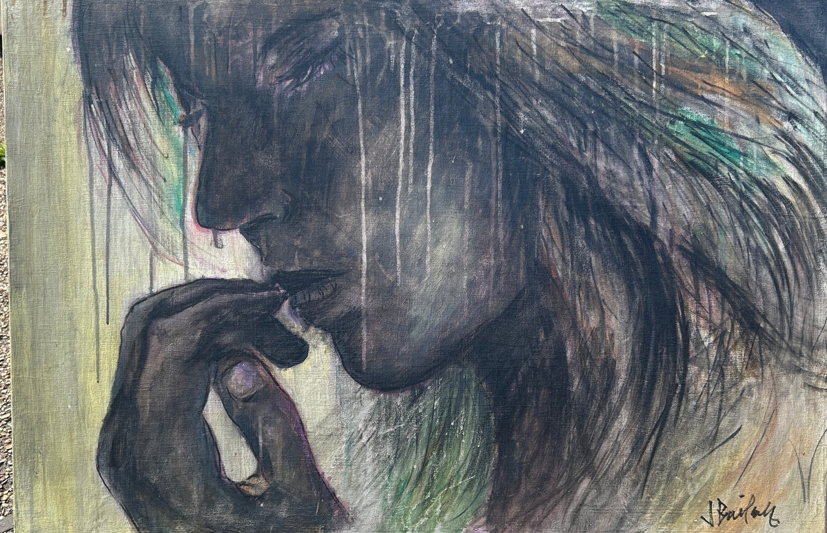 Horizontal portrait painting showing fingers near the lips, loose hair, and vertical drips.