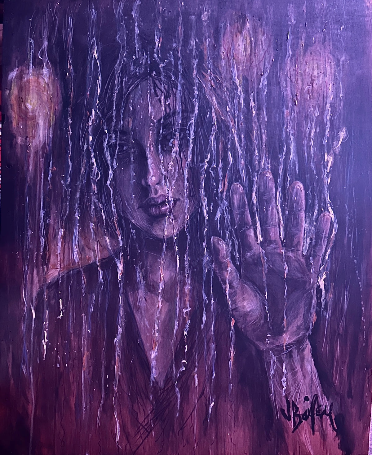 Portrait painting of a figure with one raised palm behind rainlike vertical streaks.