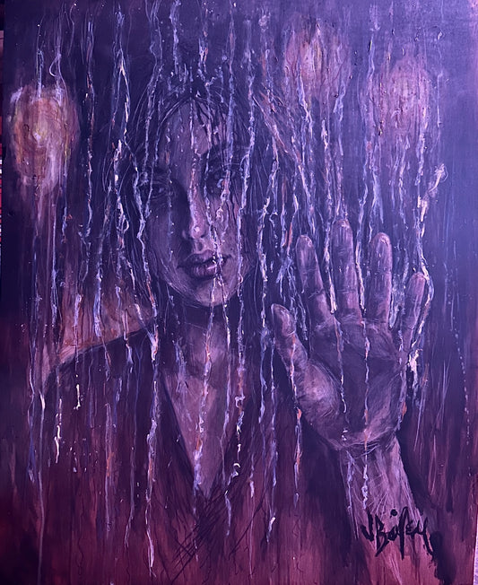 Portrait painting of a figure with one raised palm behind rainlike vertical streaks.