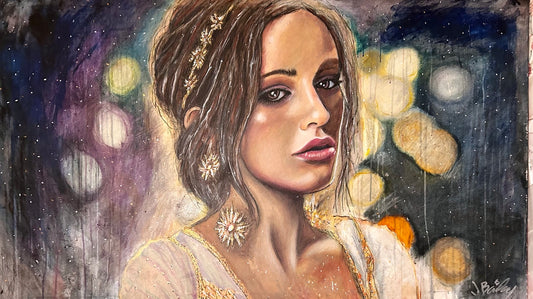 Portrait painting with ornamental earrings, hair decorations, and glowing background lights.