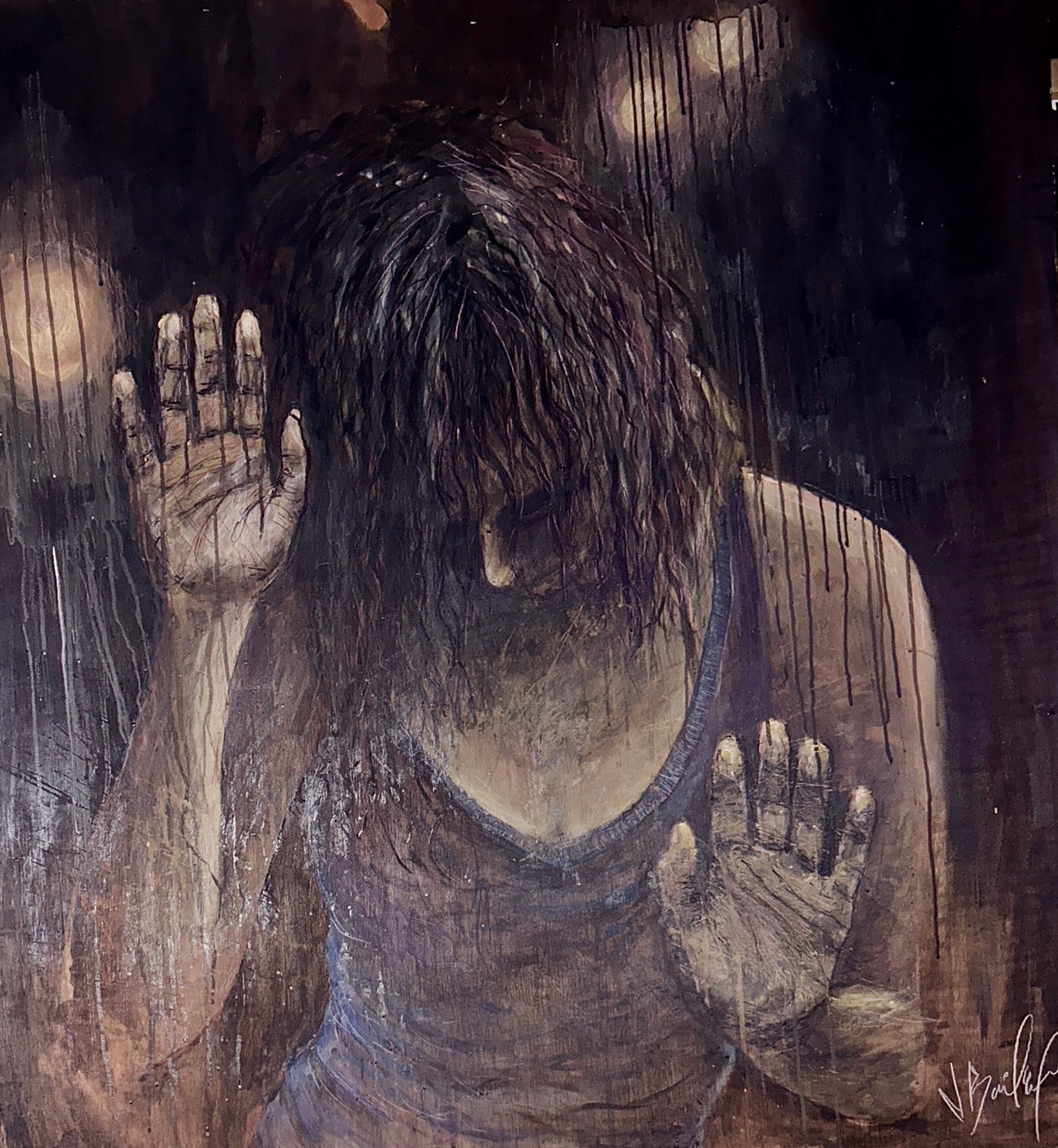 Painting of a bowed figure with two raised palms behind vertical drips.