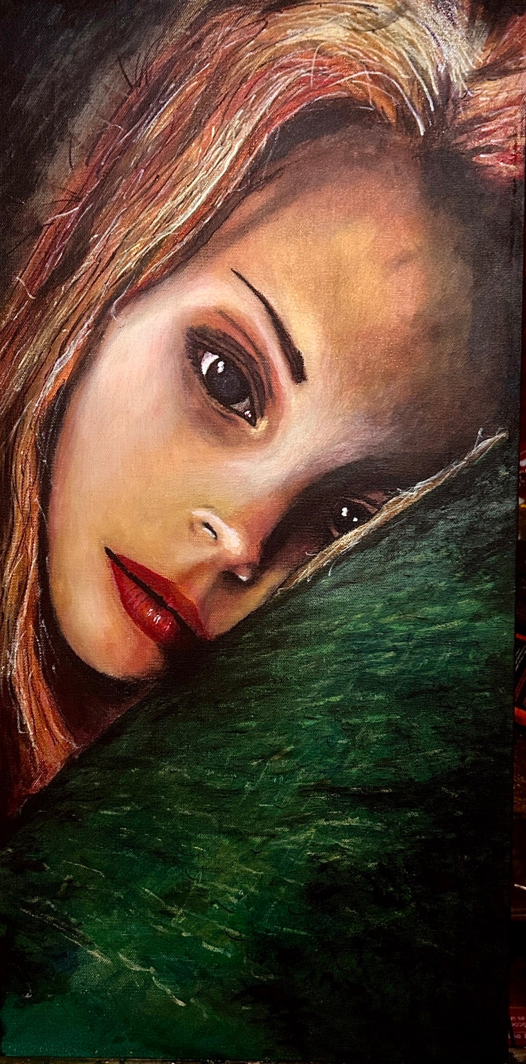 Painted portrait of a tilted face with red lips beside a textured green foreground.