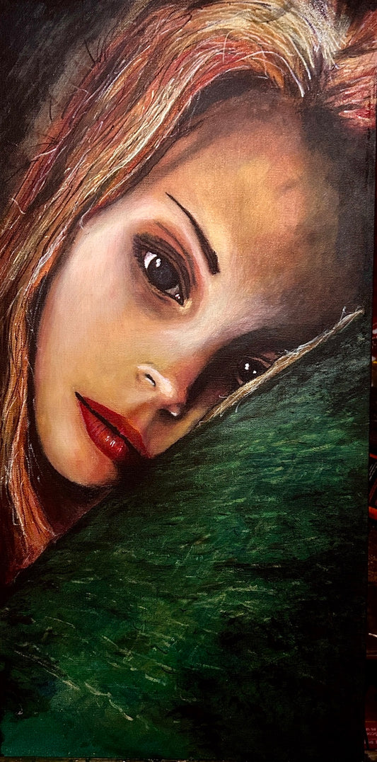 Painted portrait of a tilted face with red lips beside a textured green foreground.