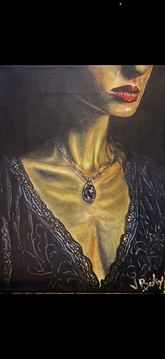 Cropped painted portrait showing red lips, a pendant necklace, and patterned dark clothing.
